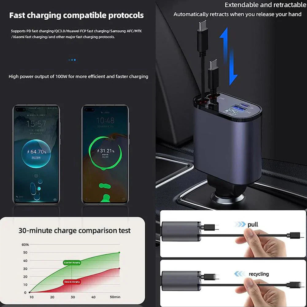 4 in 1 Retractable Charger, Super Fast Charge Car Phone Charger